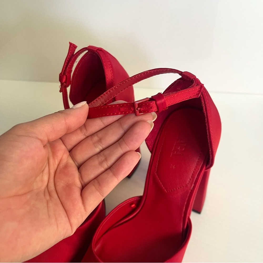 Zara Satin Red Platform Pump Square Toe Heels - Picture 6 of 12